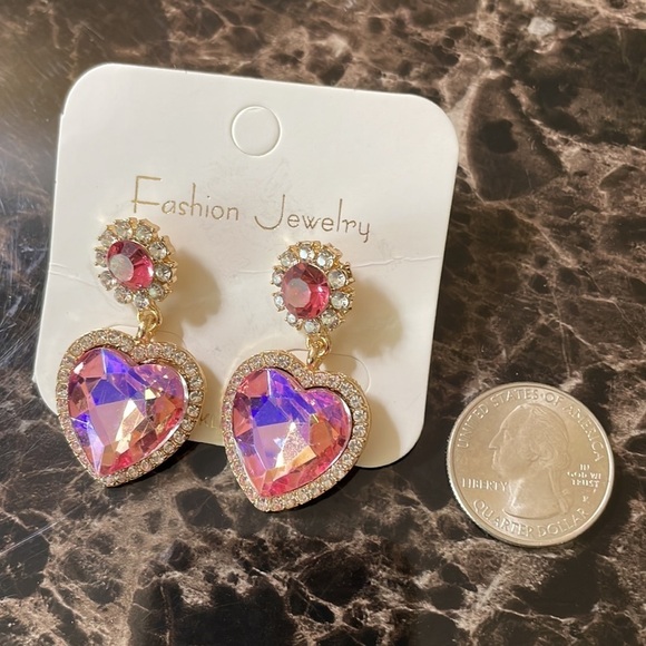 Iridescent Pink Heart Drop Earrings - Picture 8 of 11